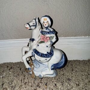 Vintage Porcelain Woman on Horse Figurine, Blue and White with Gold Trim